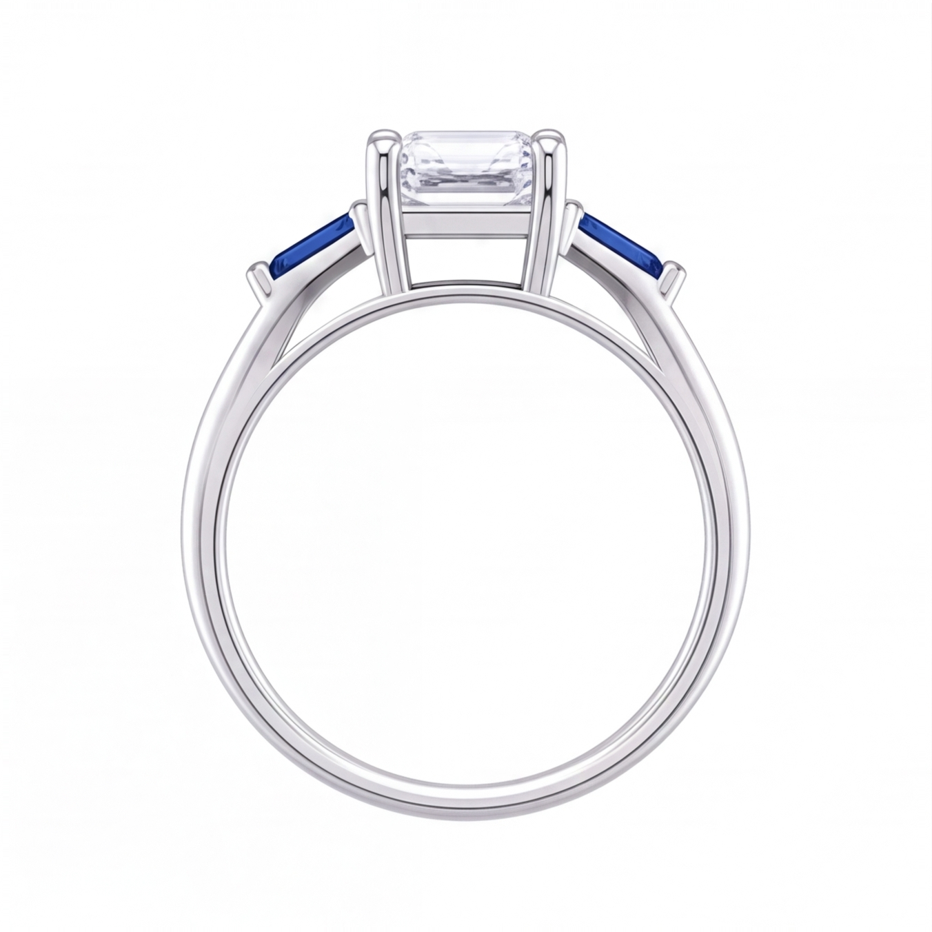Valencia emerald cut diamond engagement ring with blue sapphire side stones by Tiani Jewellery shown in rose gold, white gold and yellow gold.