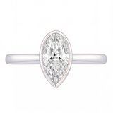 Lorelei pear cut bezel diamond solitaire engagement ring by Tiani Jewellery shown in rose gold, white gold and yellow gold.
