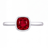 Xylia cushion ruby bezel engagement ring by Tiani Jewellery shown in rose gold, white gold and yellow gold.
