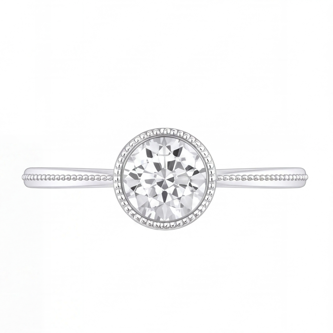 Ondine round bezel diamond milgrain engagement ring by Tiani Jewellery shown in rose gold, white gold and yellow gold.