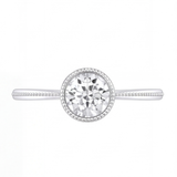 Ondine round bezel diamond milgrain engagement ring by Tiani Jewellery shown in rose gold, white gold and yellow gold.