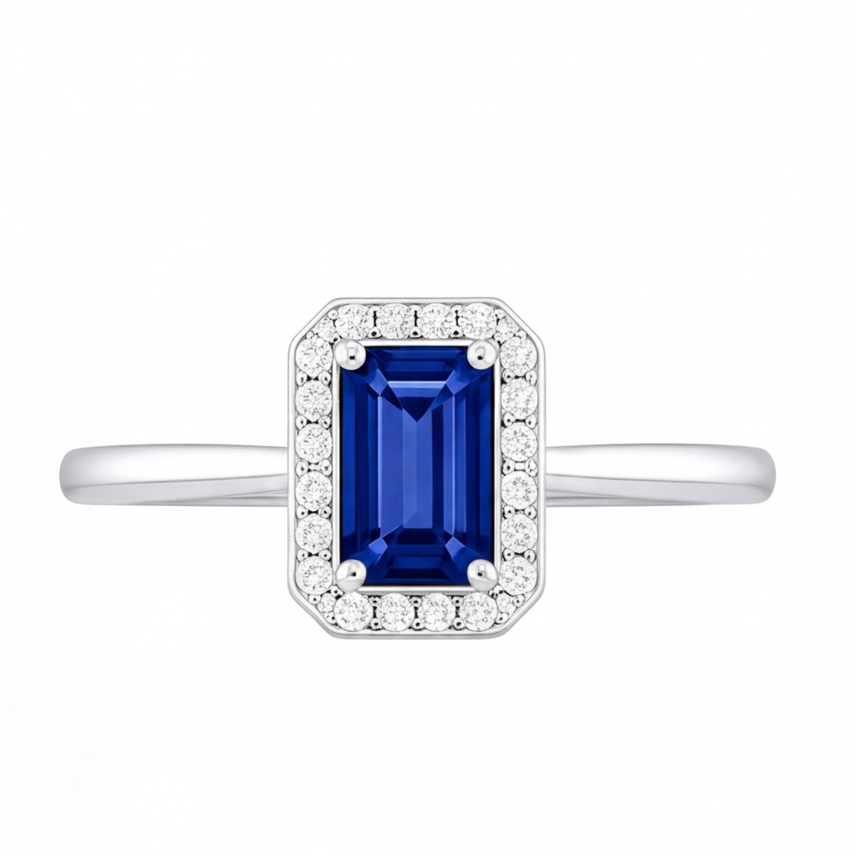 Nadine emerald cut blue sapphire halo engagement ring by Tiani Jewellery shown in rose gold, white gold and yellow gold.