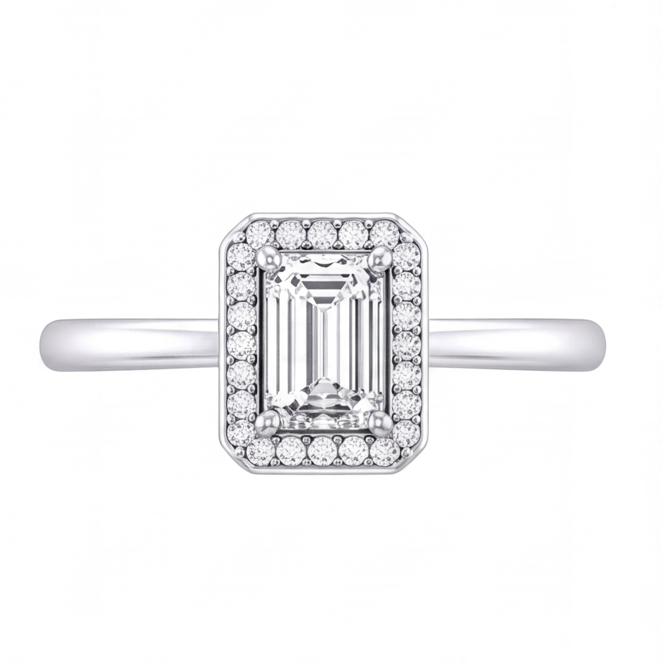 Zadie emerald cut diamond halo engagement ring by Tiani Jewellery in rose gold, white gold and yellow gold.