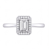 Zadie emerald cut diamond halo engagement ring by Tiani Jewellery in rose gold, white gold and yellow gold.