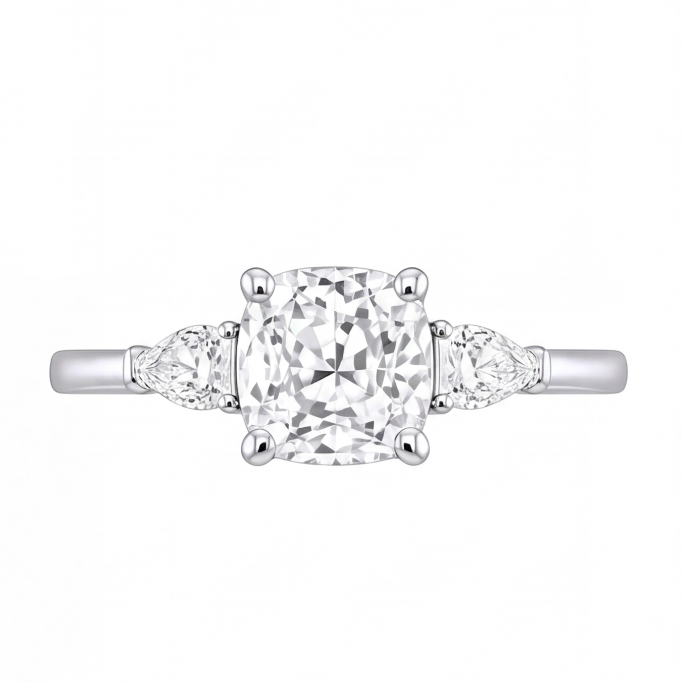 Winifred cushion diamond engagement ring with pear cut side stones by Tiani Jewellery shown in rose gold, white gold and yellow gold.