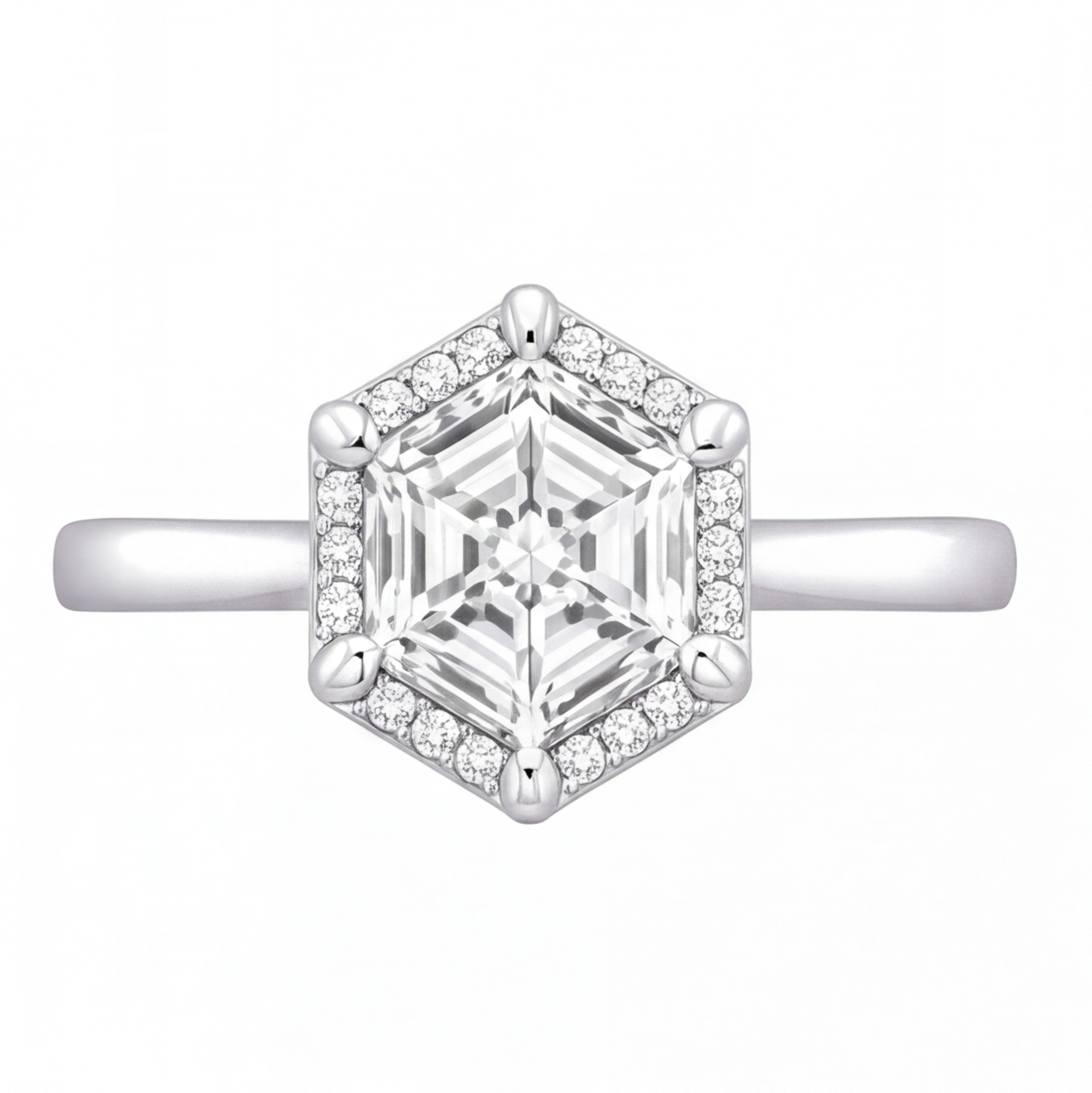 Mireya hexagon diamond halo engagement ring by Tiani Jewellery shown in rose gold, white gold and yellow gold.