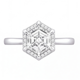 Mireya hexagon diamond halo engagement ring by Tiani Jewellery shown in rose gold, white gold and yellow gold.