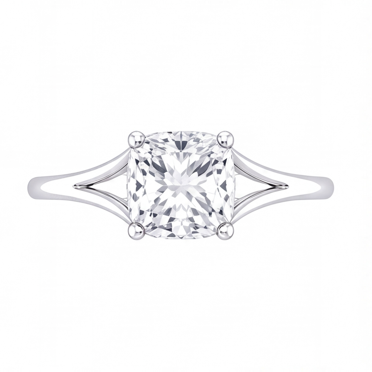 Tilda cushion diamond split shank engagement ring by Tiani Jewellery shown in rose gold, white gold and yellow gold.