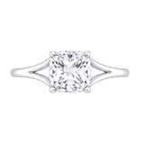 Tilda cushion diamond split shank engagement ring by Tiani Jewellery shown in rose gold, white gold and yellow gold.