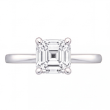 Yuna Asscher diamond solitaire engagement ring by Tiani Jewellery shown in rose gold, white gold and yellow gold.