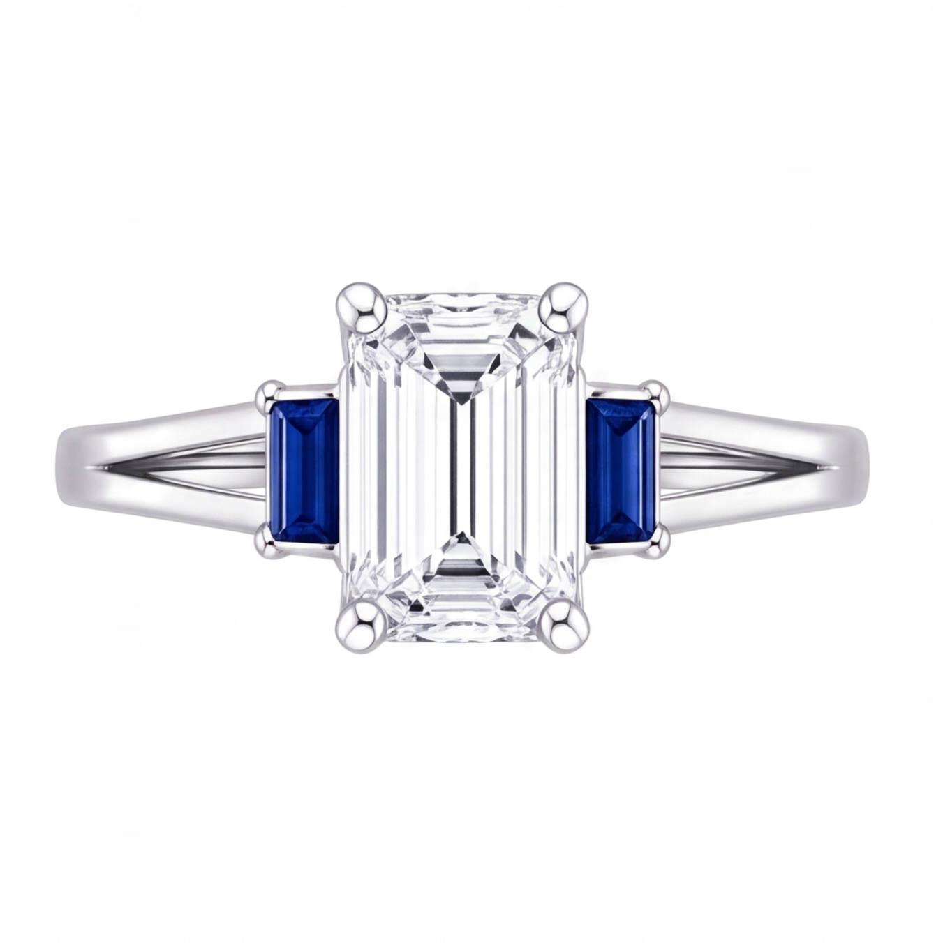 Valencia emerald cut diamond engagement ring with blue sapphire side stones by Tiani Jewellery shown in rose gold, white gold and yellow gold.