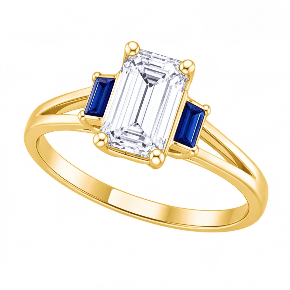 Valencia emerald cut diamond engagement ring with blue sapphire side stones by Tiani Jewellery shown in rose gold, white gold and yellow gold.
