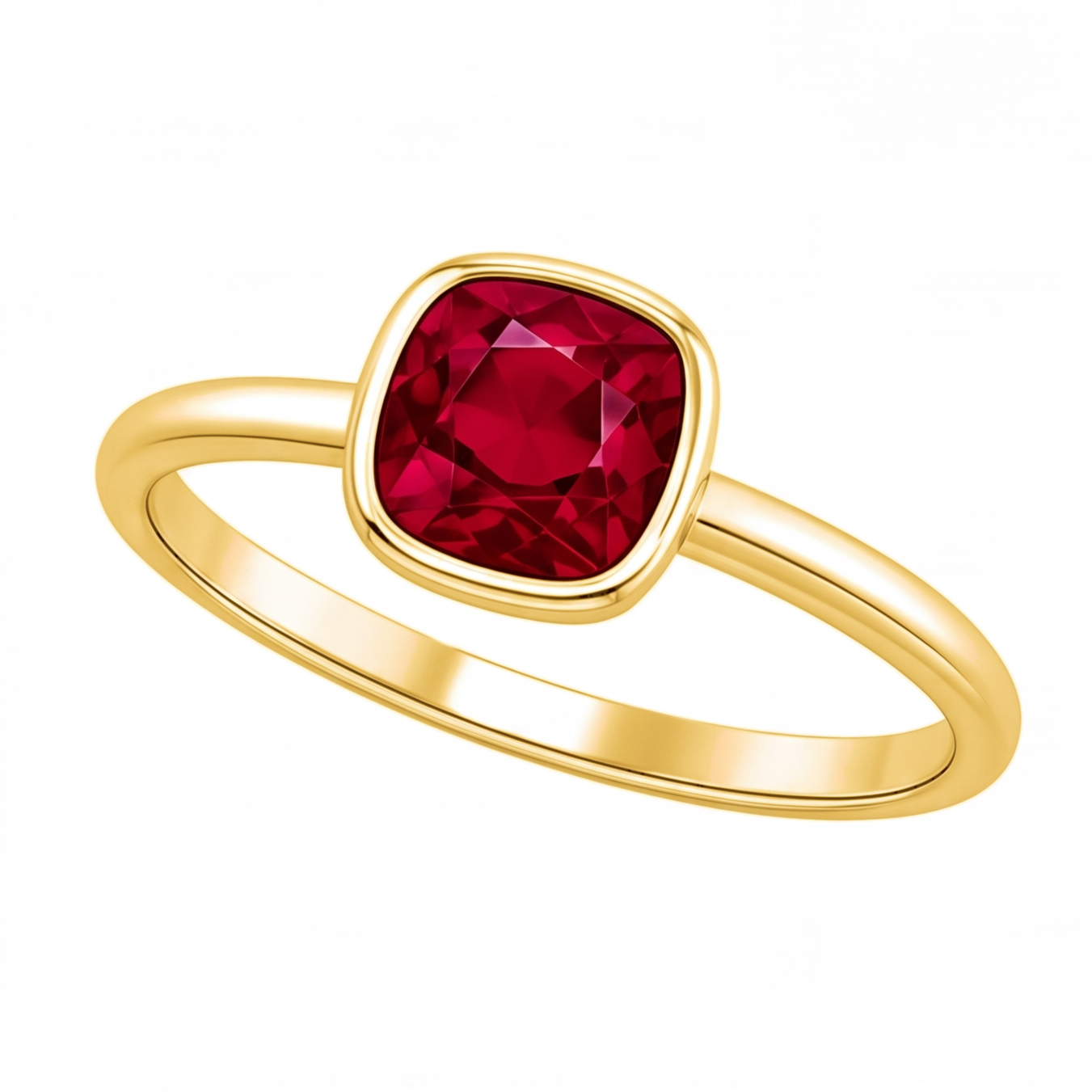 Xylia cushion ruby bezel engagement ring by Tiani Jewellery shown in rose gold, white gold and yellow gold.