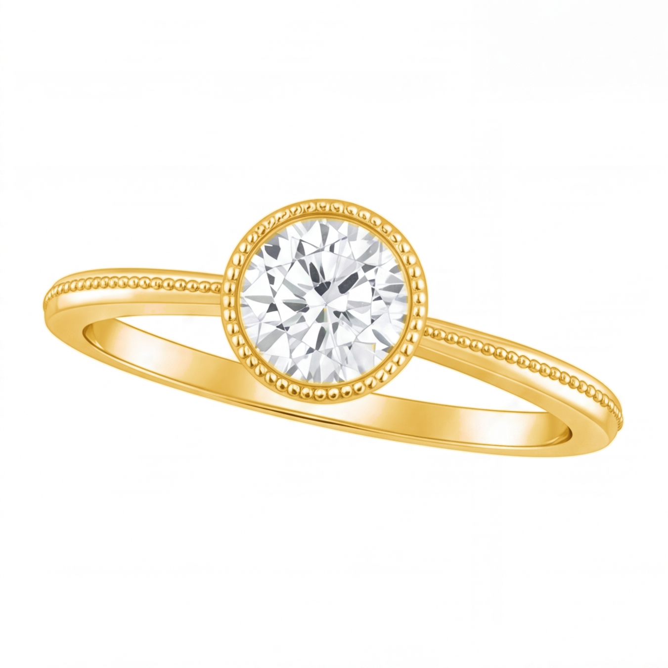Ondine round bezel diamond milgrain engagement ring by Tiani Jewellery shown in rose gold, white gold and yellow gold.