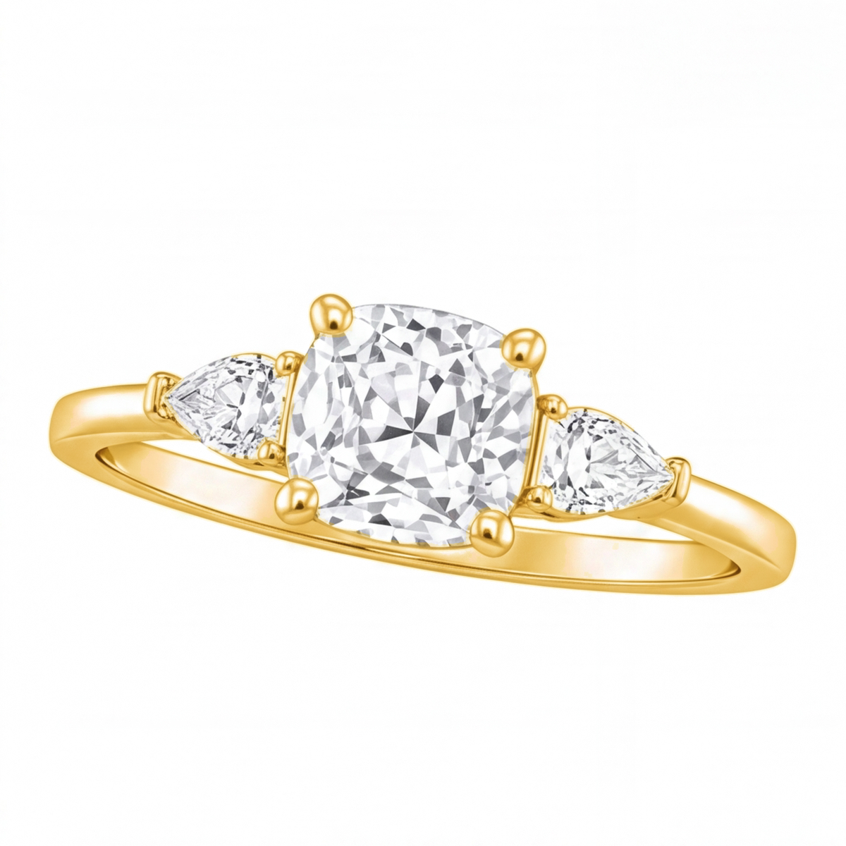 Winifred cushion diamond engagement ring with pear cut side stones by Tiani Jewellery shown in rose gold, white gold and yellow gold.