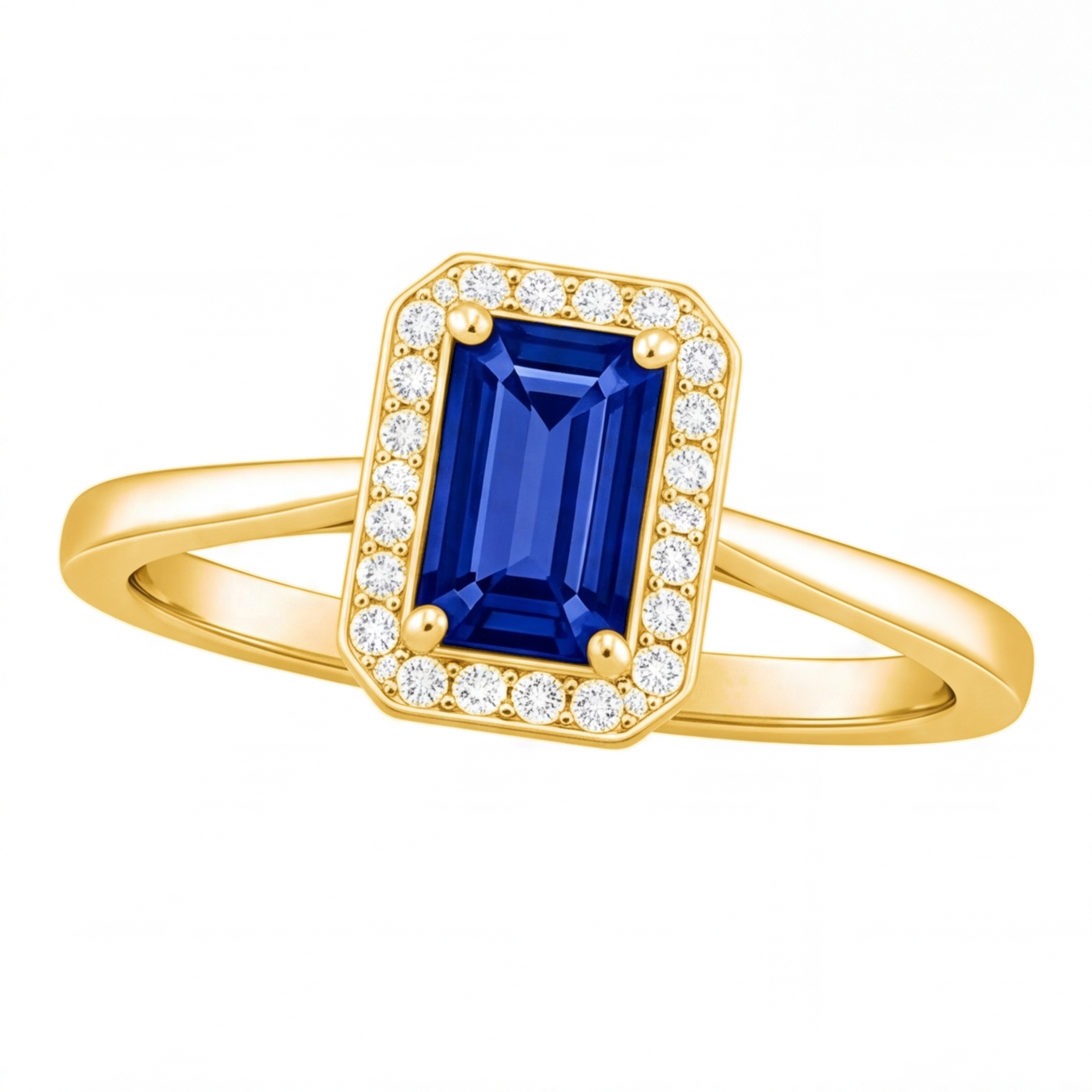 Nadine emerald cut blue sapphire halo engagement ring by Tiani Jewellery shown in rose gold, white gold and yellow gold.