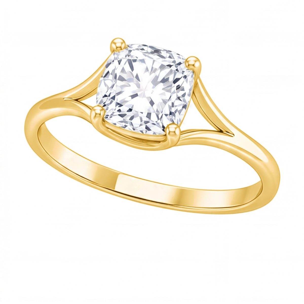 Tilda cushion diamond split shank engagement ring by Tiani Jewellery shown in rose gold, white gold and yellow gold.