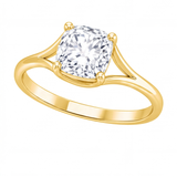 Tilda cushion diamond split shank engagement ring by Tiani Jewellery shown in rose gold, white gold and yellow gold.