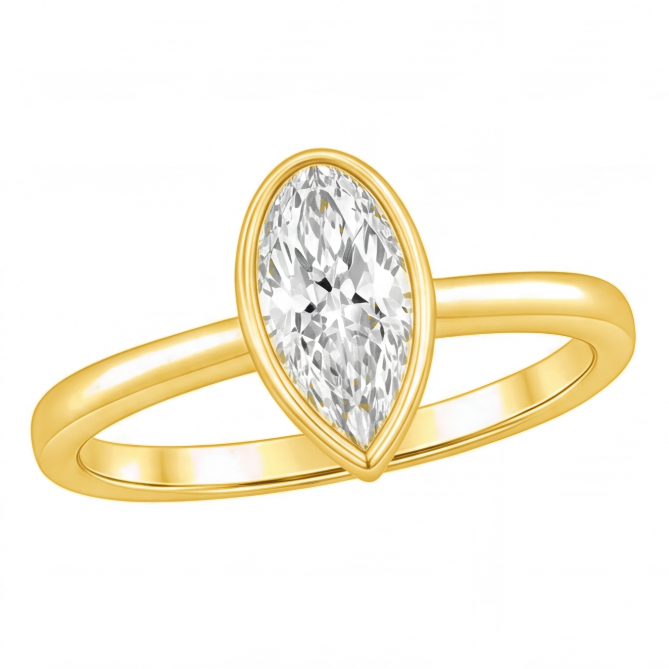 Lorelei pear cut bezel diamond solitaire engagement ring by Tiani Jewellery shown in rose gold, white gold and yellow gold.