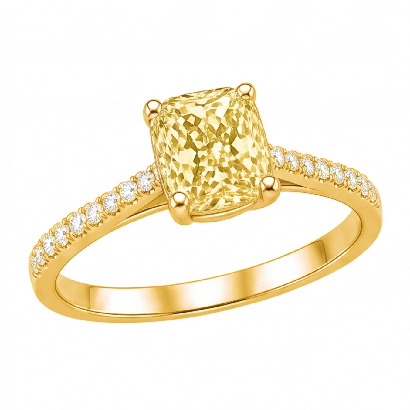Xenia yellow radiant gemstone pavé engagement ring by Tiani Jewellery shown in rose gold, white gold and yellow gold.