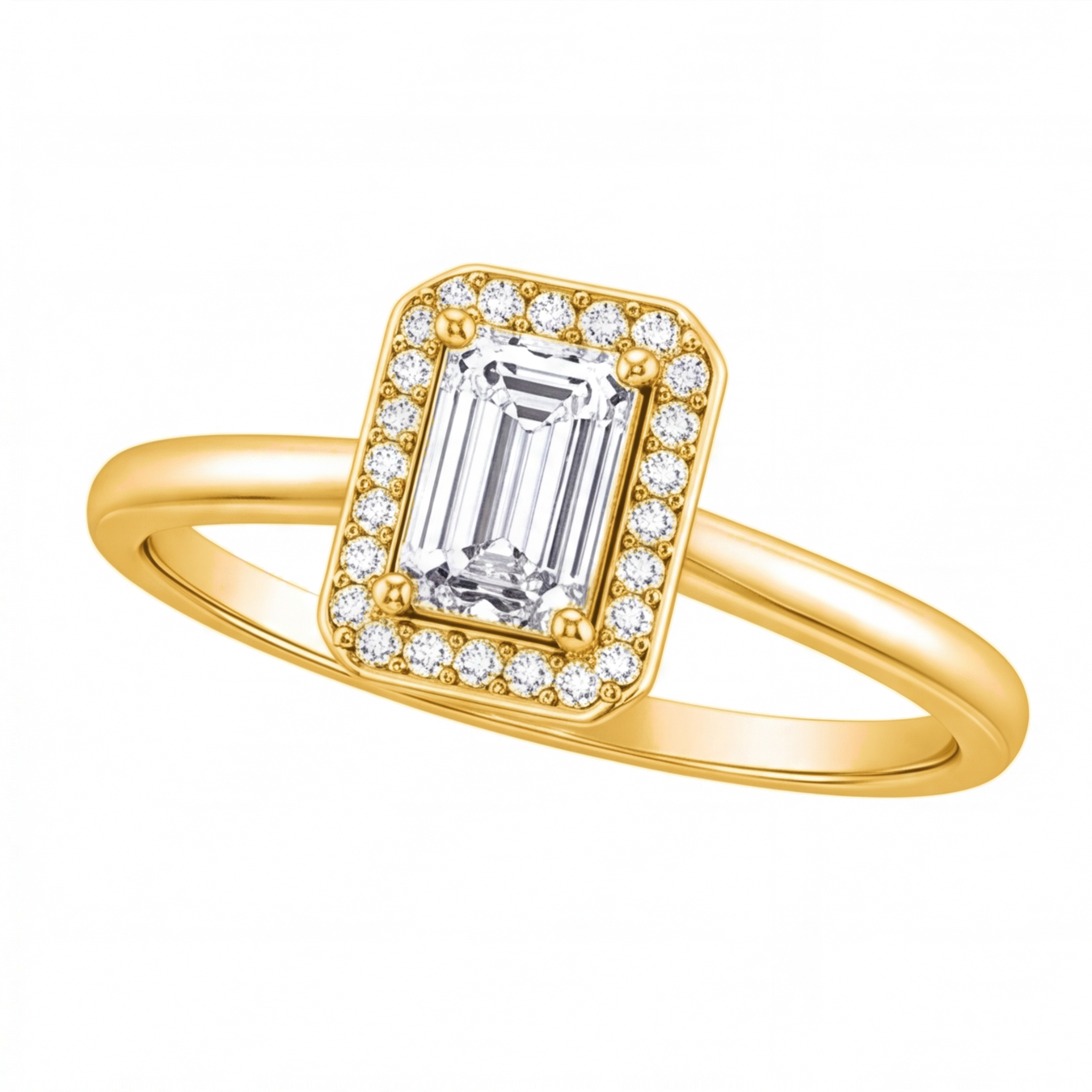 Zadie emerald cut diamond halo engagement ring by Tiani Jewellery in rose gold, white gold and yellow gold.