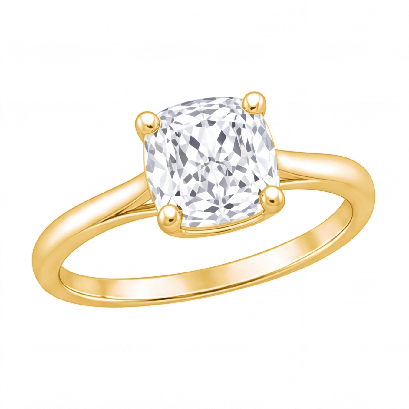 Pia cushion diamond solitaire engagement ring by Tiani Jewellery shown in rose gold, white gold and yellow gold.