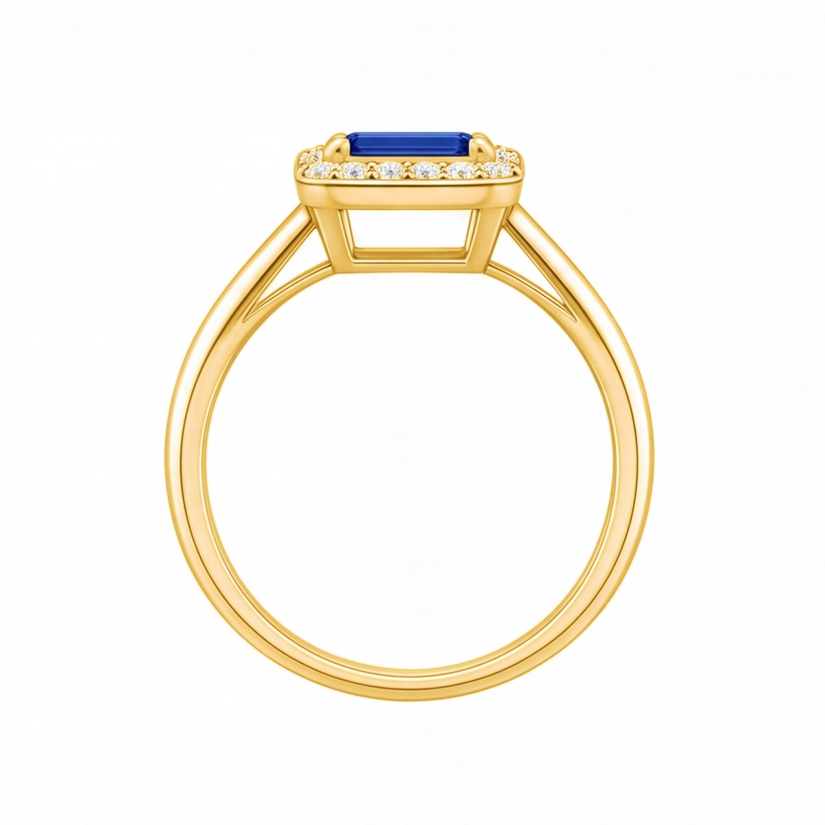 Nadine emerald cut blue sapphire halo engagement ring by Tiani Jewellery shown in rose gold, white gold and yellow gold.
