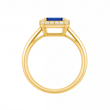 Nadine emerald cut blue sapphire halo engagement ring by Tiani Jewellery shown in rose gold, white gold and yellow gold.