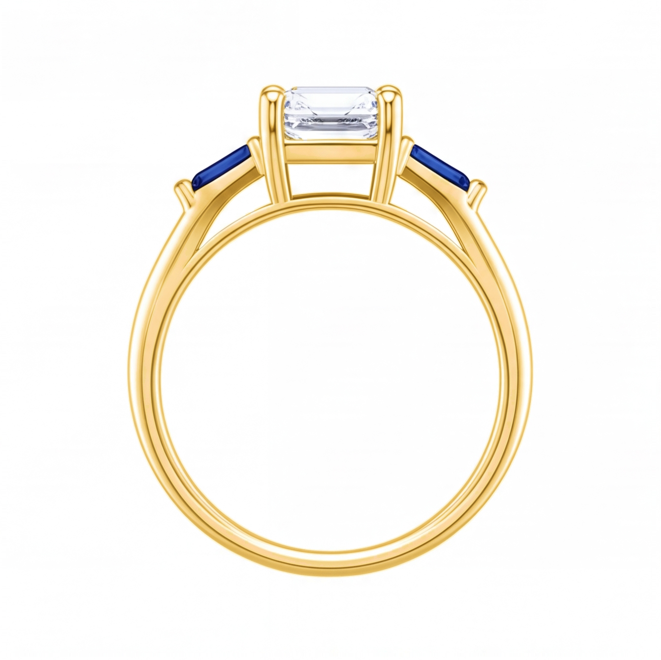 Valencia emerald cut diamond engagement ring with blue sapphire side stones by Tiani Jewellery shown in rose gold, white gold and yellow gold.