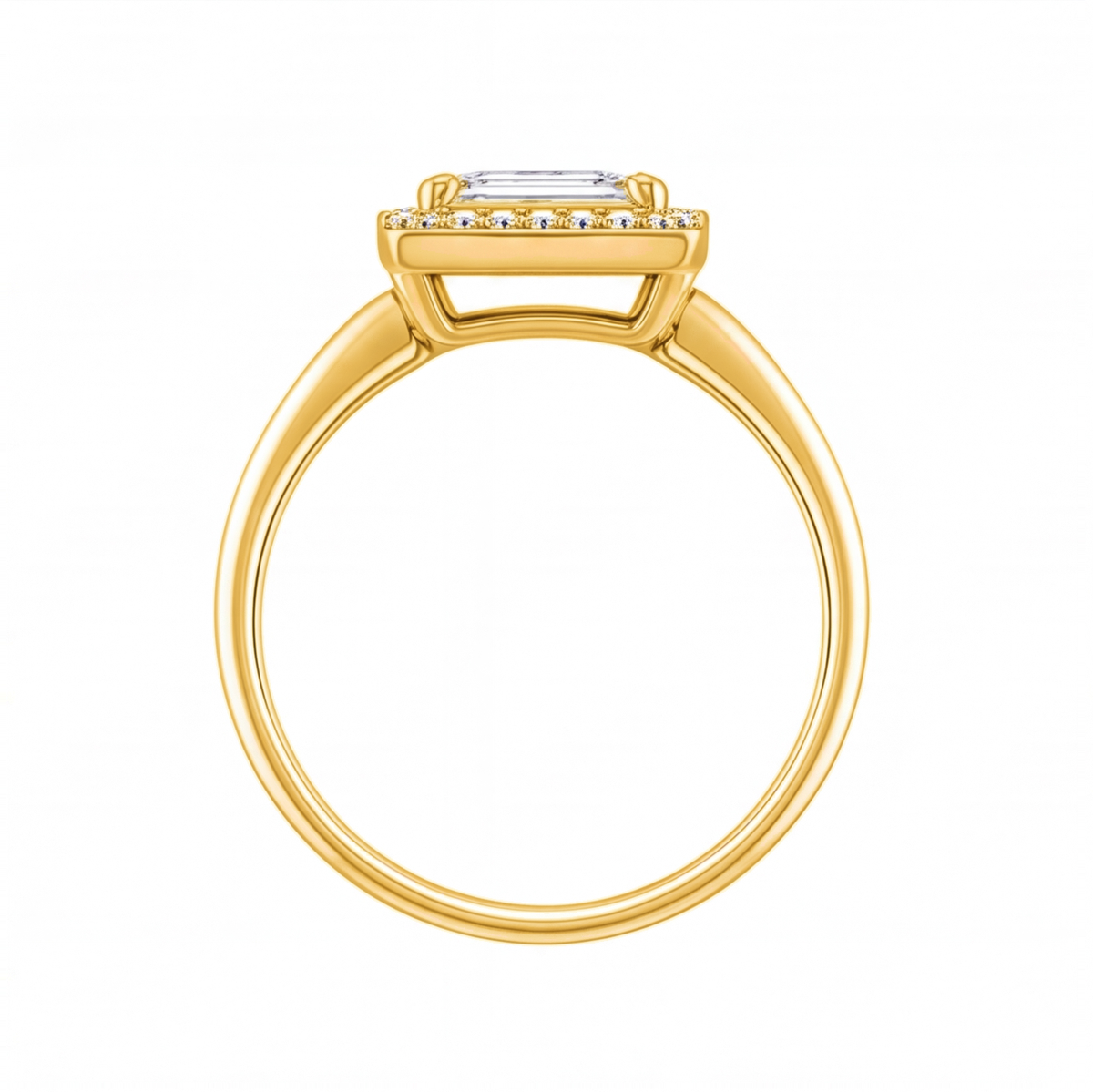 Zadie emerald cut diamond halo engagement ring by Tiani Jewellery in rose gold, white gold and yellow gold.