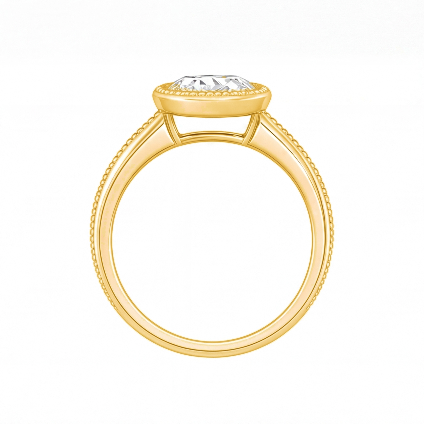 Ondine round bezel diamond milgrain engagement ring by Tiani Jewellery shown in rose gold, white gold and yellow gold.