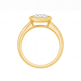 Ondine round bezel diamond milgrain engagement ring by Tiani Jewellery shown in rose gold, white gold and yellow gold.