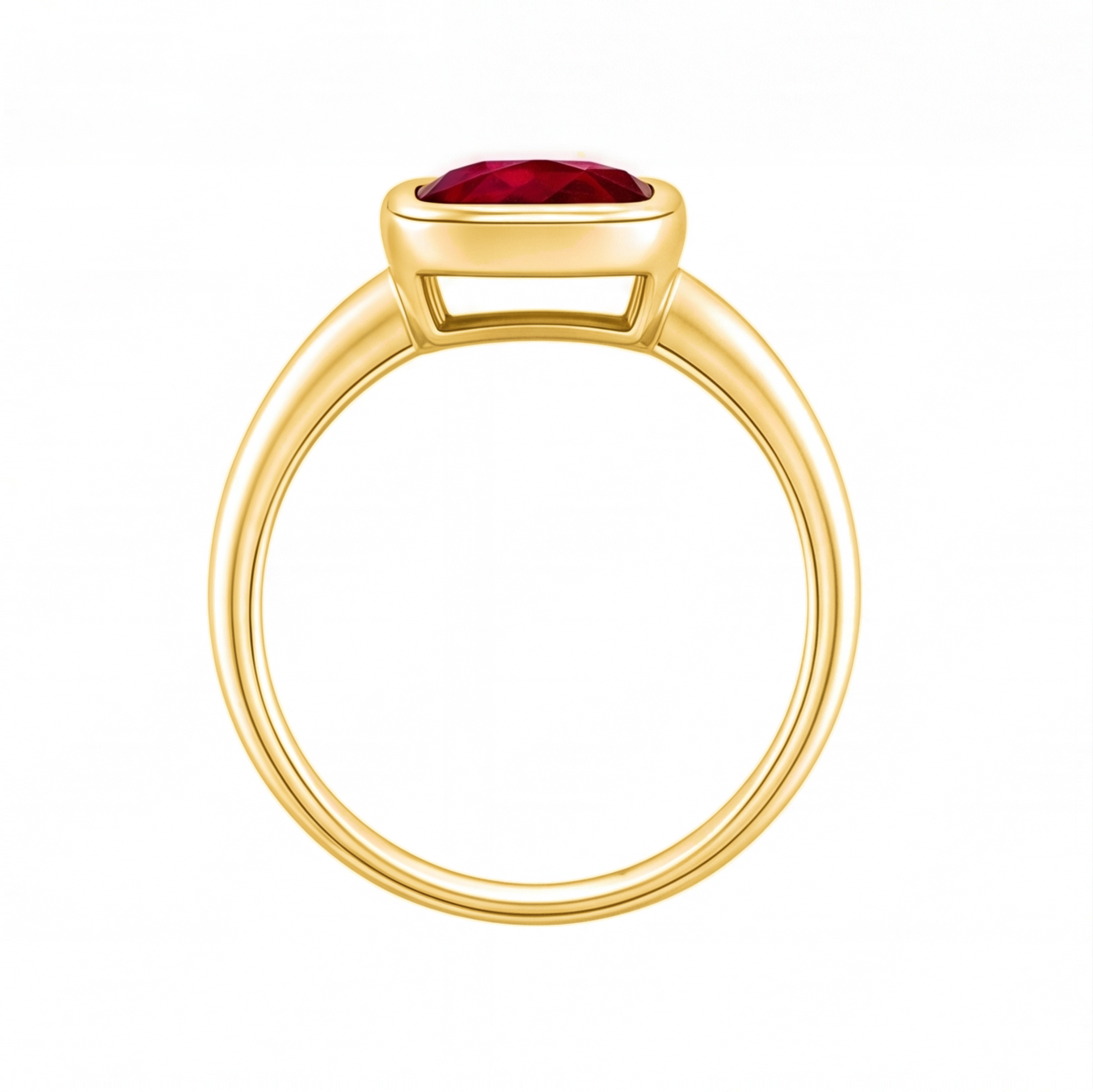 Xylia cushion ruby bezel engagement ring by Tiani Jewellery shown in rose gold, white gold and yellow gold.