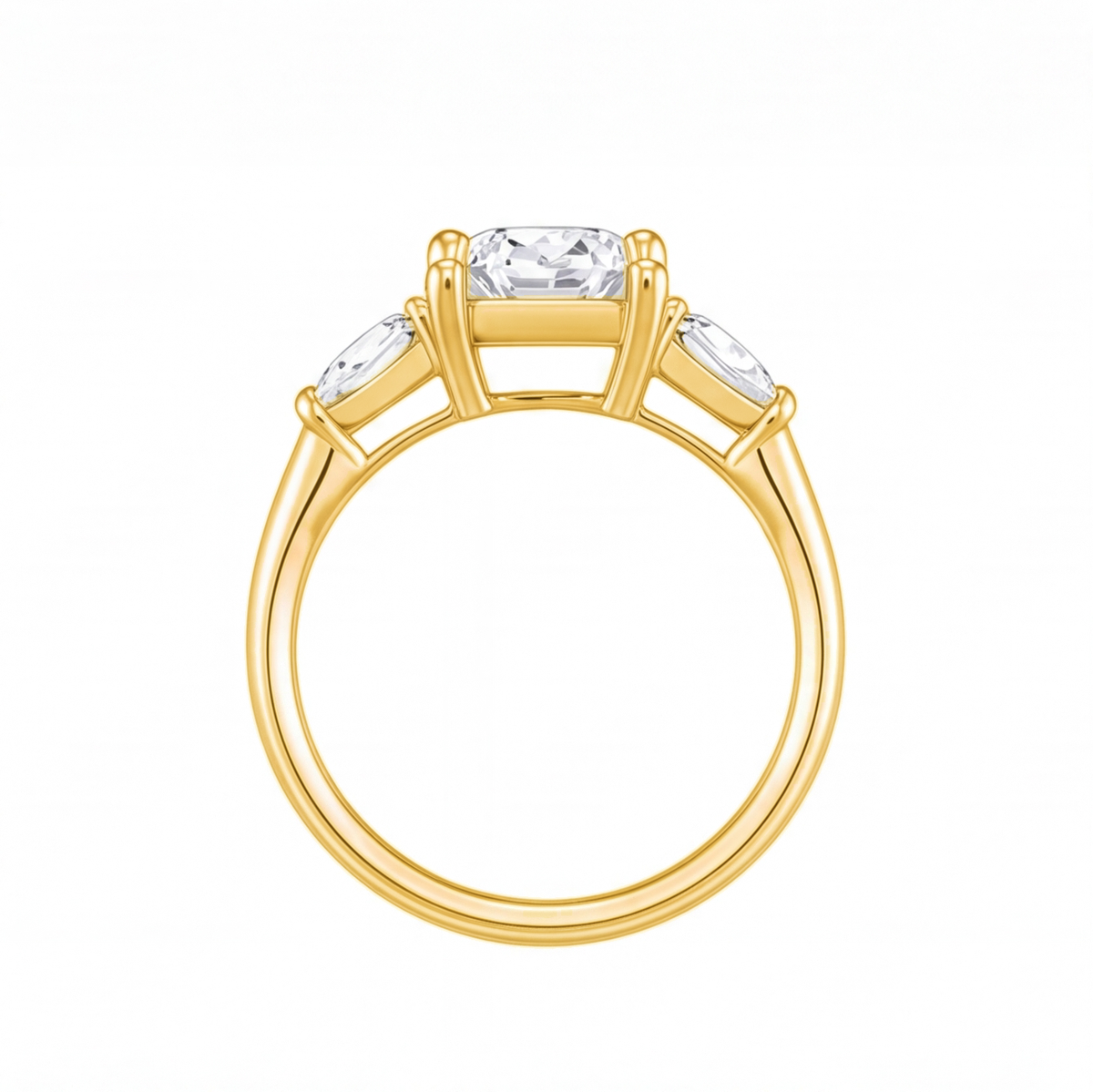 Winifred cushion diamond engagement ring with pear cut side stones by Tiani Jewellery shown in rose gold, white gold and yellow gold.