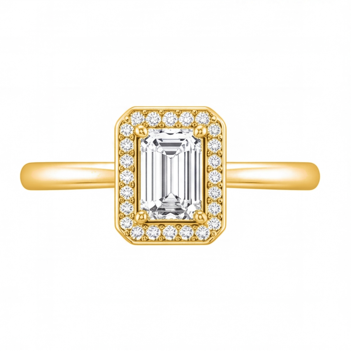 Zadie emerald cut diamond halo engagement ring by Tiani Jewellery in rose gold, white gold and yellow gold.