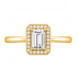 Zadie emerald cut diamond halo engagement ring by Tiani Jewellery in rose gold, white gold and yellow gold.