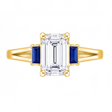 Valencia emerald cut diamond engagement ring with blue sapphire side stones by Tiani Jewellery shown in rose gold, white gold and yellow gold.