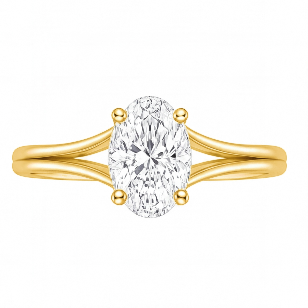 Wilhelmina oval diamond split shank engagement ring by Tiani Jewellery shown in rose gold, white gold and yellow gold.