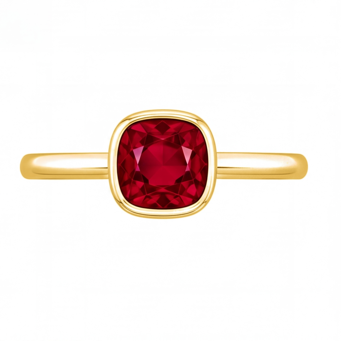 Xylia cushion ruby bezel engagement ring by Tiani Jewellery shown in rose gold, white gold and yellow gold.