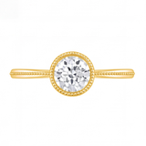 Ondine round bezel diamond milgrain engagement ring by Tiani Jewellery shown in rose gold, white gold and yellow gold.