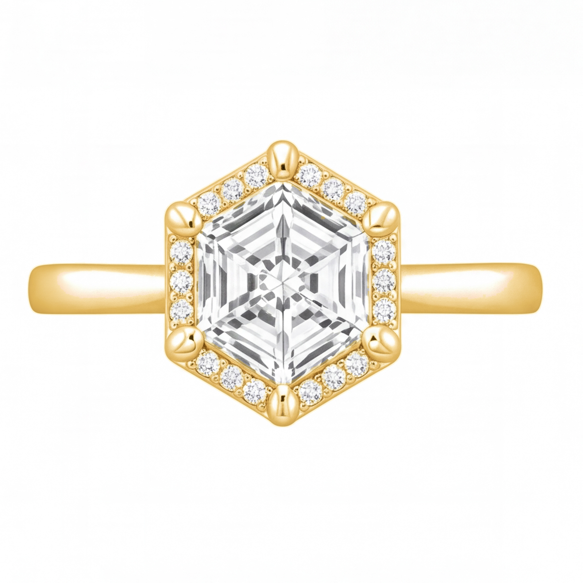 Mireya hexagon diamond halo engagement ring by Tiani Jewellery shown in rose gold, white gold and yellow gold.