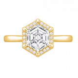 Mireya hexagon diamond halo engagement ring by Tiani Jewellery shown in rose gold, white gold and yellow gold.