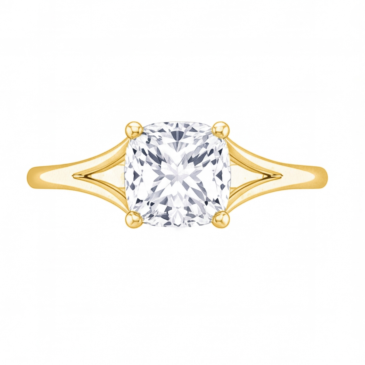 Tilda cushion diamond split shank engagement ring by Tiani Jewellery shown in rose gold, white gold and yellow gold.