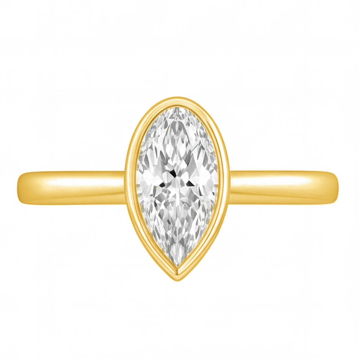 Lorelei pear cut bezel diamond solitaire engagement ring by Tiani Jewellery shown in rose gold, white gold and yellow gold.